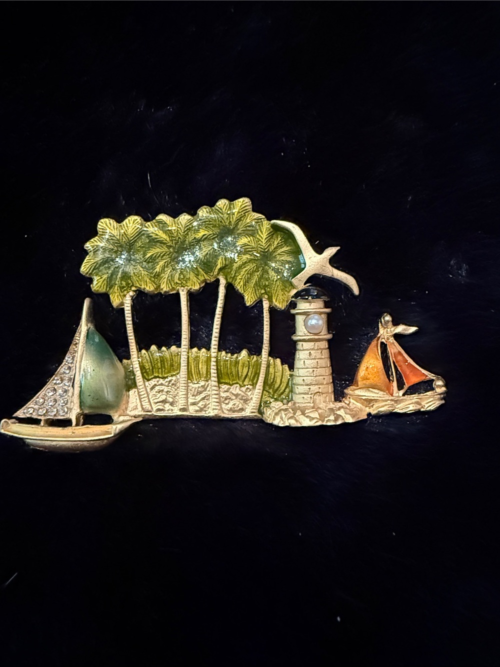 Gold Tone Enamel & Rhinestone Tropical Brooch